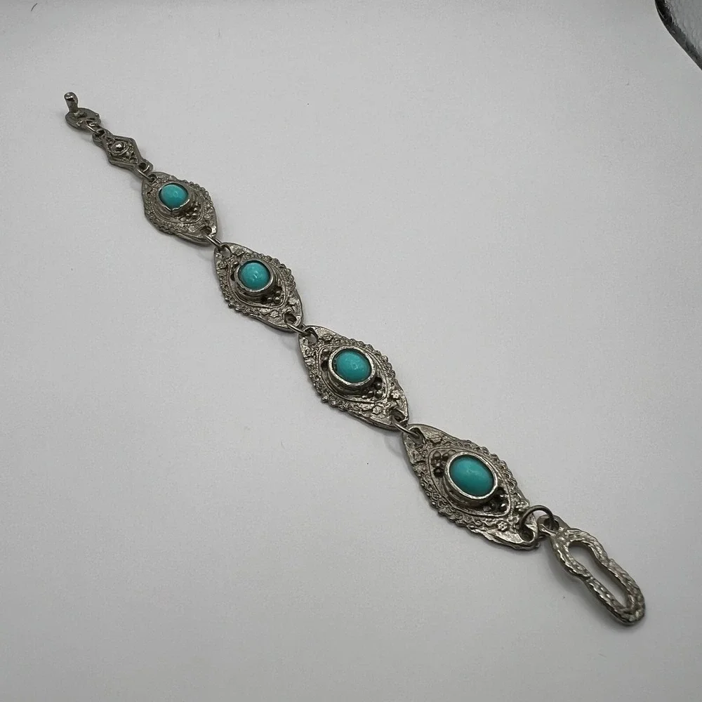 Vintage Bracelet Faux‎ Turquoise Silver Tone Stations Links